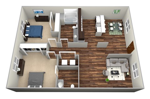 Floor plan for 2 beds, 2 baths, 910 sqft
